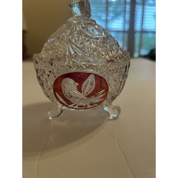 Vintage Hofbauer 4” Crystal Red Byrdes Bird Covered‎ Sawtooth Candy Dish Footed - Picture 4 of 9